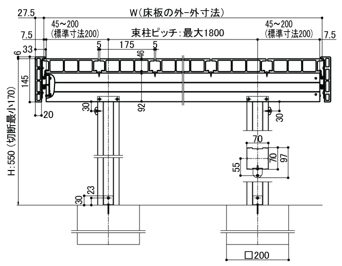 樹ら楽ステージ 間口方向納まり図