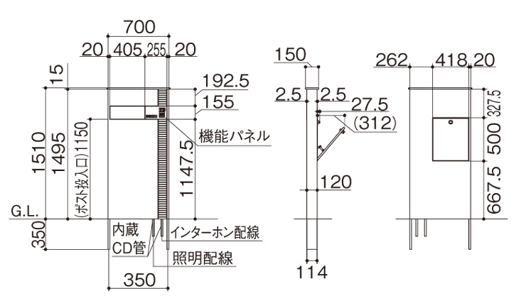 アートウォール門柱S1型Aタイプ サイズ